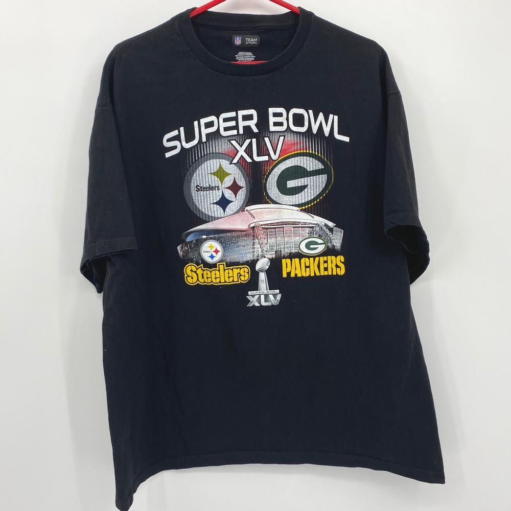 NFL Super Bowl XLV Pittsburgh Steelers Green Bay‎ Packers T-Shirt Mens XL Black